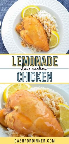 lemonade slow cooker chicken is served with rice and lemons