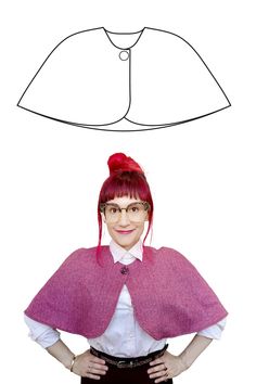 a woman with red hair standing in front of a drawing of a dress shirt and cape