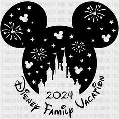 mickey mouse ears with fireworks and the words disney family vacation in black on a white background