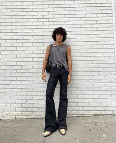 Mens Flares Outfit, Men Flare Pants, Glam Rock Outfit Men, Bootcut Jeans Outfit Aesthetic, Men’s Bell Bottom Outfit, Dustin Vuong, Black Hippie Outfits, Flared Jeans Outfit Men Streetwear, Black Flared Jeans Outfit