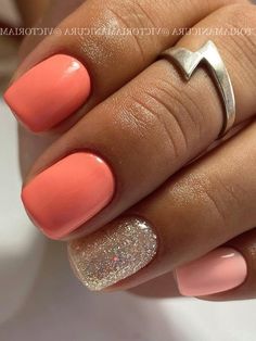 two tone peach nails with glitter Peachy Gel Nails, Gel Nails Orange Summer Colors, Peach Holiday Nails, Coral Nails With Accent Nail, Gold And Coral Nails, Coral And Peach Nails, Nail Ideas Coral, Peach Color Nails Designs Coral, Spring Nails Orange Coral