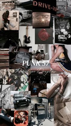 a collage of photos with the words punk st written on them and various items