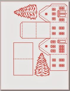 a cross stitch pattern with trees, buildings and roads in red on a white background