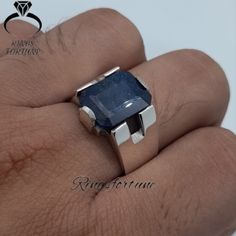 Blue Sapphire Gemstone Blue Sapphire Rings For Men, Sterling Silver Sapphire Ring With Rectangular Stone, Faceted Silver Sapphire Ring As Gift, Blue Emerald-cut Sapphire Ring In Sterling Silver, Luxury Men's Sterling Silver Sapphire Ring, Blue Emerald-cut Emerald Ring In Sterling Silver, Sapphire Ring Designs, Mens Sapphire Ring, Neelam Stone