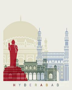 an illustration of a statue in front of a cityscape with the words hyder rabaad on it