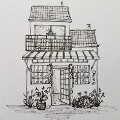 a drawing of a house with plants in the front yard