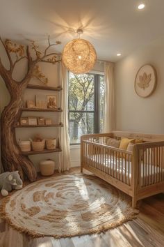 a baby's room with a tree in the corner and a rug on the floor