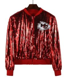 Sequin Kansas City Chiefs Jacket Team-colored Outerwear For Game Day With Team Spirit, Team-colored Outerwear For Game Day, Team Outerwear For Game Day, Long Sleeve Varsity Jacket For Sports Fans, Winter Game Day Long Sleeve Outerwear, Long Sleeve Outerwear For Game Day In Winter, Sporty Outerwear For Game Day In Fall, Sporty Fall Outerwear For Game Day, Long Sleeve Winter Outerwear For Game Day