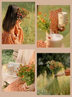 four different shots of a woman holding flowers in her hand, with coffee and tea on the table