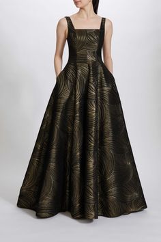 Metallic jacquard multiple seamed square-neck A-line gown. Shown in Black/Gold. Black And Gold Maid Of Honor Dress, Gold And Black Formal Dress, Black And Gold Formal Dress, Jacquard Dress Design, Square Neck Gown, Black And Gold Dress Formal, Black And Gold Dress Formal Classy, Gold Couture Gown, Black And Gold Dress