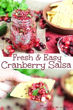 fresh and easy cranberry salsa with tortilla chips in a mason jar