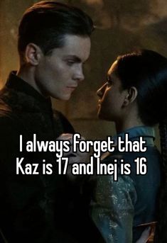 a man and woman with the caption i always forget that kaz is 17 and he