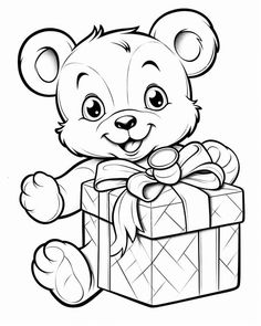 a teddy bear holding a gift box with a bow on it's head and smiling