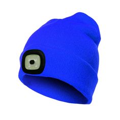 a blue beanie hat with a camera attached to the front and side of it