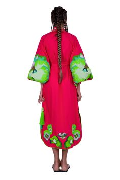 Luxurious Red/Green Pansies Women's Midi Caftan Yuliya Magdych Embroidered Caftan, Black Friday Offer, Fashion Designer Clothes, Embroidered Shirts, Designer Clothes For Women, Made In Ukraine, 3d Embroidery, Embroidery Motifs, Women Midi