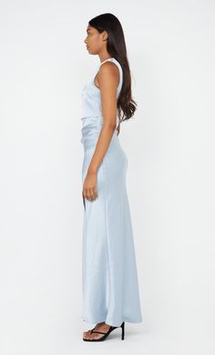 Flattering one shoulder maxi dress with asymmetrical neckline, side tuck detailing over the hips and waist, and a statement leg split. Elegant Blue Draped One Shoulder Dress, Elegant Blue Draped One-shoulder Dress, Elegant Blue Bias Cut Maxi Dress For Gala, Formal Blue Ruched One Shoulder Dress, Formal Blue Ruched One-shoulder Dress, Formal Blue One-shoulder Ruched Dress, Blue Maxi Dress With Side Slits For Gala, Blue Bias Cut Maxi Dress For Evening, Elegant Blue Ruched One Shoulder Dress