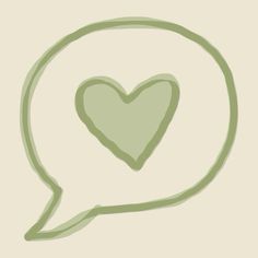 a green heart shaped speech bubble on a beige background with the word love written in it