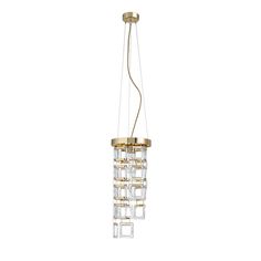 a gold chandelier with clear glass cubes hanging from it's sides