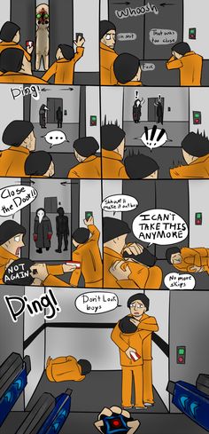 a comic strip with an image of two men in orange uniforms talking to each other