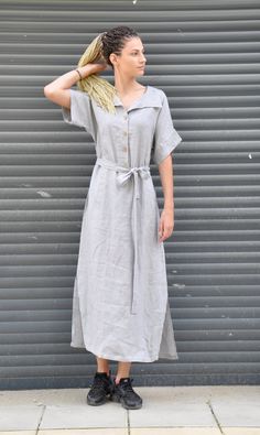 "Linen Maxi Dress, Linen Shirt Dress, Gray Linen Dress SUMMER maxi shirt- dress. White summer 100% linen dress, tunic, long shirt. Casual new fashion trend. Long daywear dress. Comfortable and unique. LINEN shirt with pockets and short sleeves. long dress. The style I used was originally designed and professionally constructed by me. Each item of my shop has a special package. Handmade in a pet-free and smoke- free environment. Available in all sizes XS,S,M,L,XL,XXL,3XL, 4XL, 5XL. Model wearing Collared Beach Dress With Buttons, Long Shirt Dress With Button Closure For Beach, Casual Long Maxi Dress With Buttons, Summer Long Maxi Dress With Button Closure, Long Beach Dress With Button Closure, Collared Maxi Dress With Button Closure For Summer, Relaxed Fit Beach Dress With Button Closure, Summer Maxi Shirt Dress With Button Closure, Long Beach Dress With Buttons