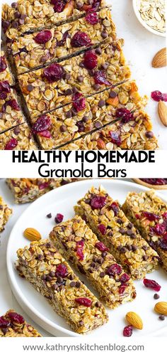 healthy homemade granola bars with cranberries and almonds on top, stacked on a white plate