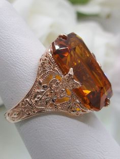 Orange Citrine Ring, Edwardian style, rose gold filigree, with flared prong detail, Treasure design Antique Rose Gold Rings For Gift, Gold Vintage Jewelry, Citrine Wedding, Yellow Citrine Ring, Orange Citrine, Orange Ring, Black Onyx Engagement Ring, Ring Inspo, Edwardian Jewelry