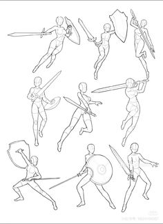 an image of some people doing different things in the same drawing style, including swords and shields