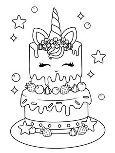 a unicorn cake with stars and confetti on top, outlined in black and white