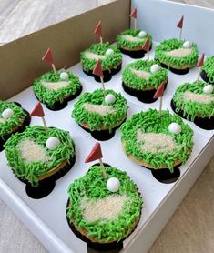 the cupcakes are decorated with green frosting and golf flags on top of them