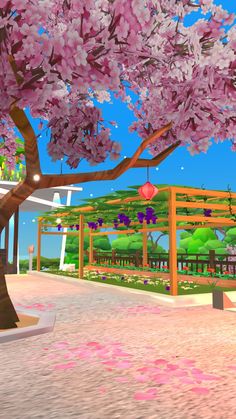 an animated image of a tree with pink flowers in the foreground and a building on the other side