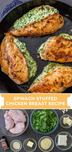 spinach stuffed chicken in a skillet with other ingredients