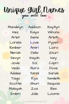 the unique girl names you'll love are in this printable flowered poster