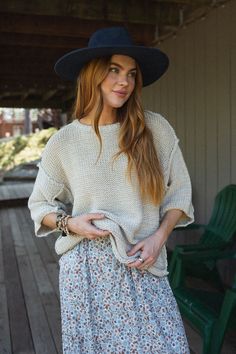 Snuggle up in a chunky boho sweater like the Crisp Air pullover. Thick, seam detailing and a fun double - hem has a bit of open - stitch detail at the notches in the sides. This modern, boxy - fit has wide cuffs and comfy Dolman - style sleeves. Pair with: Evermore Seamless Lace Racerback Bralette, Washed Ashore Ruffled Maxi Skirt and Dreamscape Layered Necklace. *Due to lighting and differences in monitors, actual colors may vary slightly from what appears online. Model is 5'8" and wearing a si Relaxed Fit Waffle Knit Sweater For Fall, Bohemian Chunky Knit Tops For Fall, Fall Waffle Knit Relaxed Fit Sweater, Long Sleeve Oatmeal Sweater For Spring, Bohemian Chunky Knit Winter Top, Bohemian Chunky Knit Top For Winter, Cozy Long Sleeve Oatmeal Sweater, Beige Bohemian Chunky Knit Sweater, Casual Chunky Knit Neutral Sweater