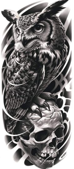 an owl sitting on top of a skull in the middle of a tattoo art design