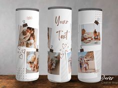 three white canisters with photos on them and the words grand mum written in brown