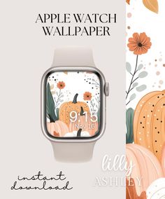 an apple watch wallpaper with pumpkins, flowers and leaves on the front cover