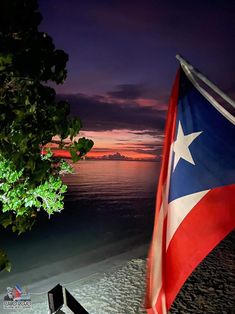 a flag on the beach at night with trees in the foreground and water in the background