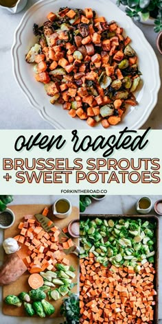 broccoli, brussels sprouts and sweet potatoes on a white platter