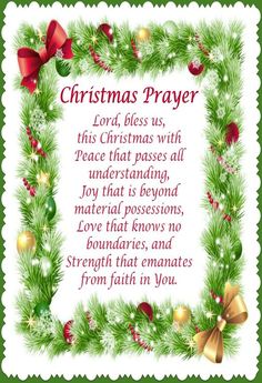 christmas prayer with holly wreath and bells on it, surrounded by red bows and green pine branches