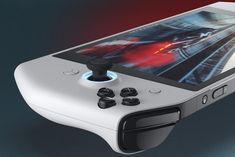 a close up of a nintendo wii game controller with an image of a train on the screen