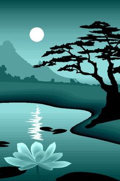 a painting of a tree and water with a moon in the background