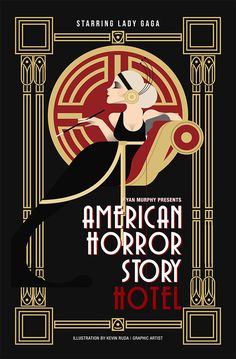 the poster for american horror story hotel, featuring an image of a woman in black and gold