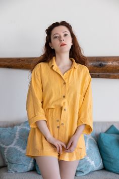 "Welcome to Pavietra! This set of linen pajamas made up of an oversized shirt with pocket detail, which is decorated with handmade stitches, and loose-fitting shorts with an elastic waist and coconut button detail. It can be worn at home and out. PAJAMAS DETAILS ⚬ Oversized fit ⚬ Made of washed organic Oeko-Tex certified linen grown in Belarus. ⚬ Side pockets. ⚬ Linen is NOT see-through. ⚬ Your choice of 20 colors. ⚬ Sizes XXS to 3XL (please see detailed size chart in photos). ⚬ If you would lik Summer Loungewear Sets, Summer Loungewear Sets In Short Length, Summer Loungewear Sets Short Length, Summer Sets With Relaxed Fit And Short Length, Spring Loungewear Short Set, Relaxed Fit Summer Short Set For Beach, Summer Long Sleeve Sets For Day Out, Relaxed Fit Short Set For Spring And Summer, Summer Sets With Relaxed Fit And Shorts