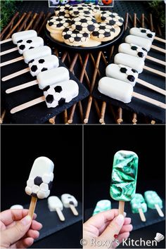 several pictures of marshmallows on sticks with black and white checkered paper