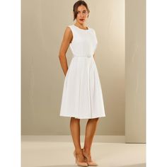 This dress can be a perfect addition to almost any outfit from formal to daily wear, great for work, meetings, offices, businesses, work, parties, cocktails, weddings, casual, everyday dressing, etc. It exudes professionalism and sophistication, helping you make a strong impression in any business setting. Pair with high heels for a chic office look. Comfortable and versatile, this sleeveless dress is perfect on its own or as a layer under a blazer. Classic White Business Dress, Spring Formal Sleeveless Dress, Solid Sleeveless Dress For Spring Formal, Elegant Sleeveless A-line Dress For Formal Occasions, White Business Dresses For Spring, Tailored Sleeveless Dress For Workwear, Chic White Business Dress, Tailored Sleeveless Dress For Spring, Elegant White Midi Dress For Office