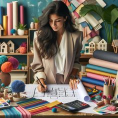 a woman is working at a desk with lots of crafting supplies and papers on it