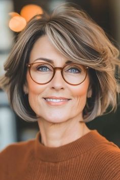 32 Chic Hairstyles for Women Over 50 with Glasses - The Hairstyle Edit Hairstyles For Women With Glasses Medium, Hairstyles For Women Over 60 Medium With Glasses, Hair For Glasses Wearers, Short Thick Wavy Hair, Chic Glasses, Layered Haircuts For Medium Hair, Hairstyles With Glasses, Stunning Hairstyles