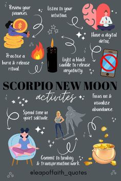 the scorpon new moon zodiac sign is shown in this graphic above it's description