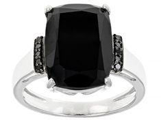 8.90ct Rectangular Cushion Black Spinel And 0.04ctw Round Black Diamond Rhodium Over Sterling Silver Ring. Measures Approximately 0.53"L x 0.54"W. Not Sizeable. Modern Octagon Jewelry With Accent Stones, Formal Black Rings With Gemstone Accents, Fine Jewelry With Black Gemstone Accents, Fine Jewelry With Black Diamonds For Formal Occasions, Formal Fine Jewelry With Black Diamonds, Formal Black Diamond Fine Jewelry, Black Octagon Gemstone Jewelry, Black Emerald Cut Jewelry With Diamond Accents, Formal Black Jewelry With Gemstone Accents