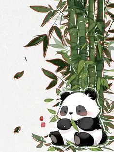 a panda bear sitting in front of bamboo trees